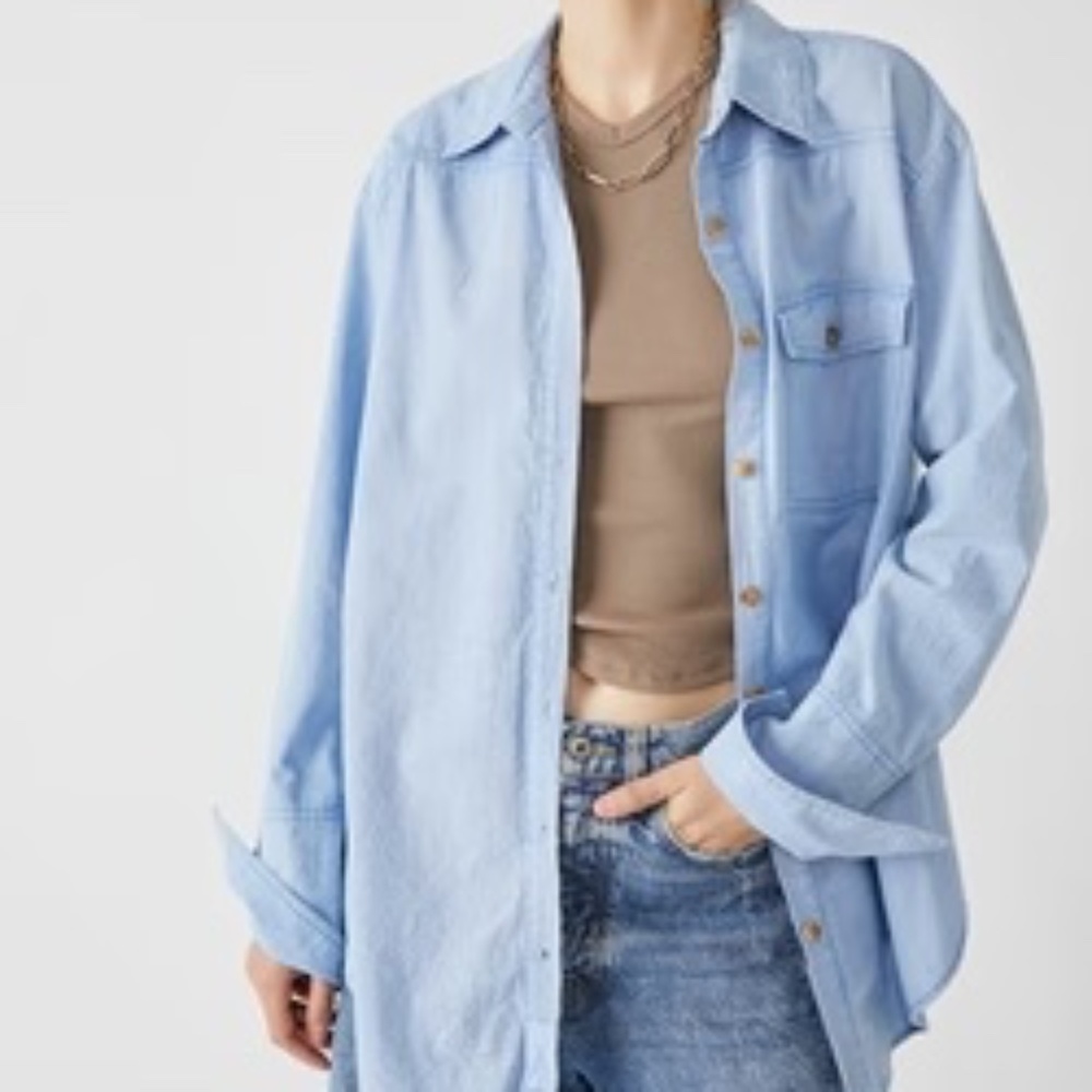 Free People Manchester Solid Button Down - Blue Combo